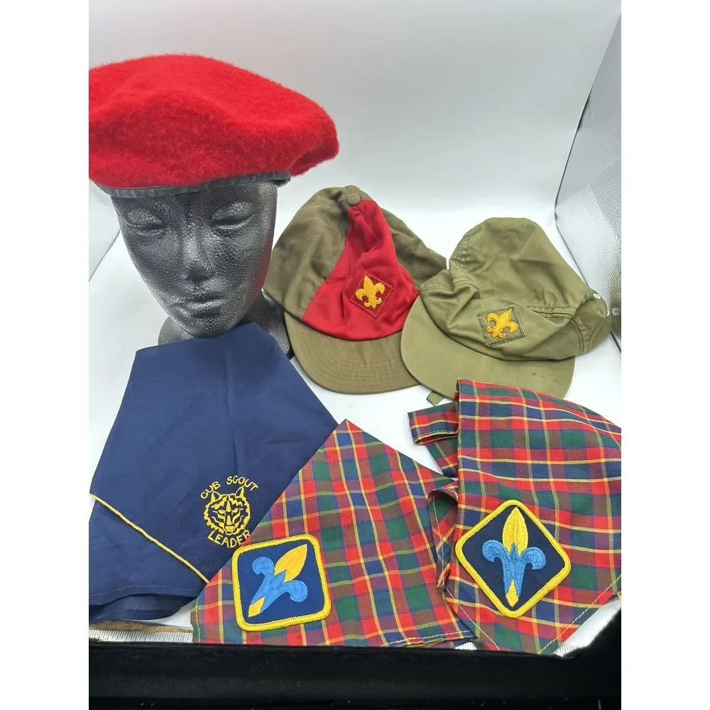 BSA Webelos Plaid Scout Leader Neckerchief Scarf 2 hats and Beret Vintage Lot
